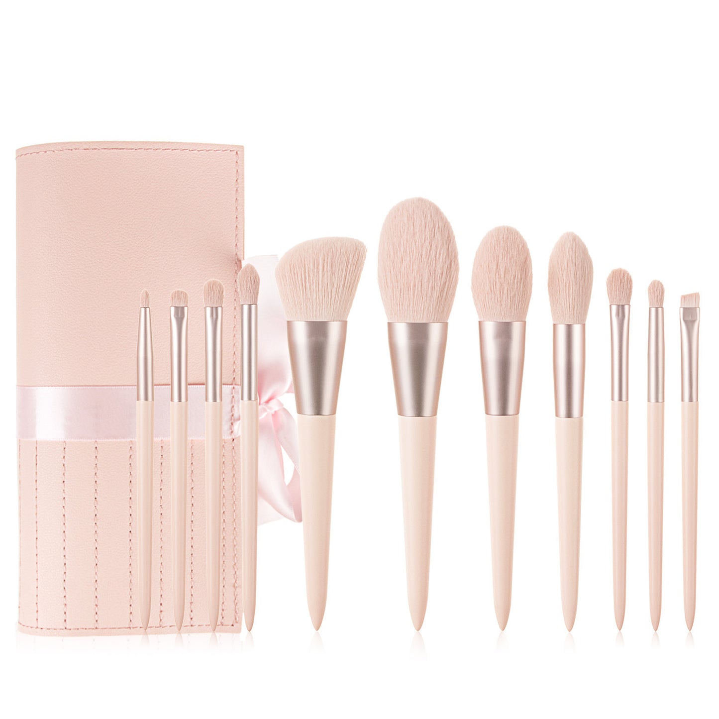 11 Makeup Brushes Set with a Foldable Ribbon Pink Bag